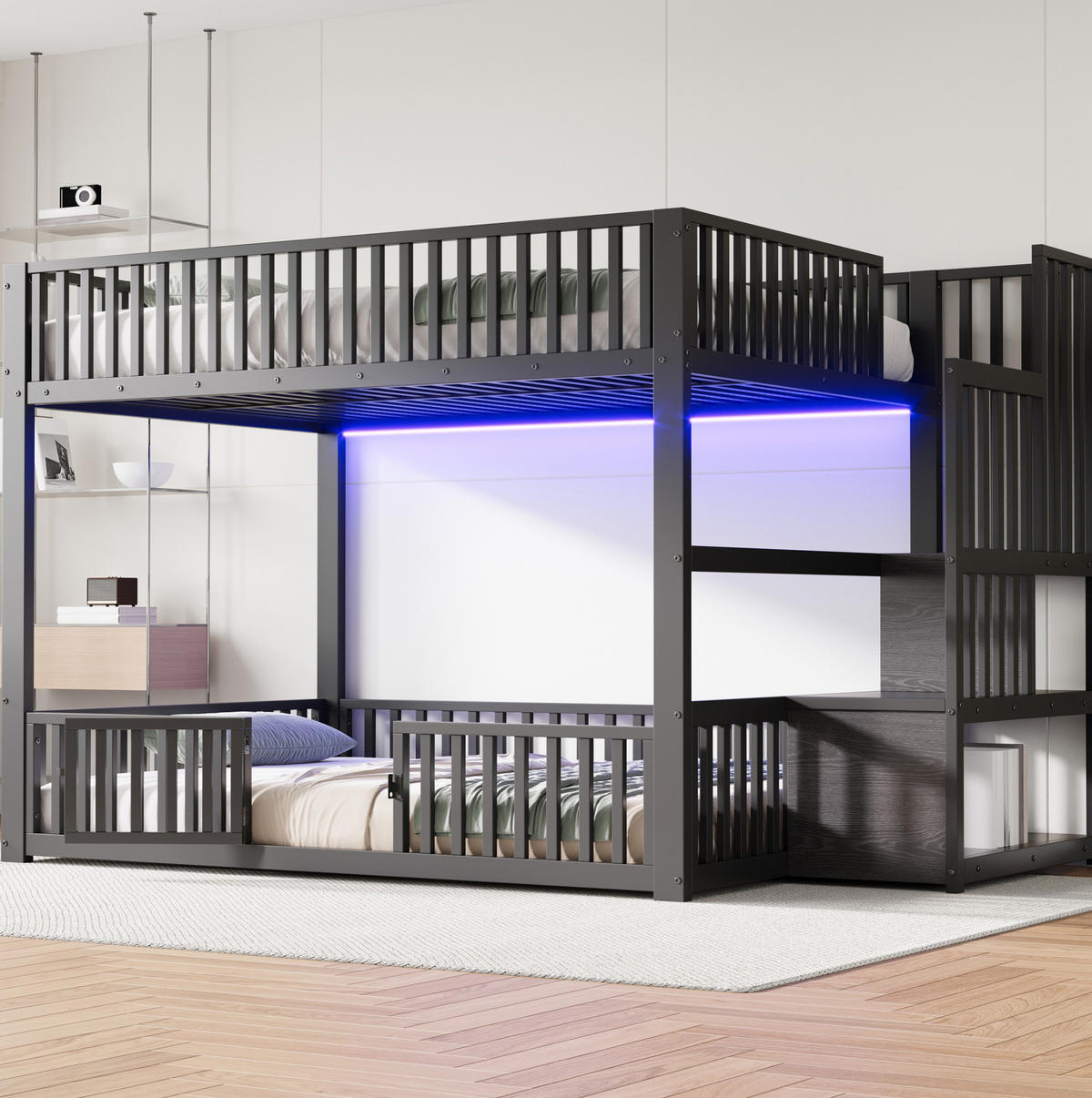 ETAGENBETT 140/200 cm aus Metall und MDF mit LED-Beleuchtung und Stauraumleiter Schwarz - Schwarz, Holzwerkstoff (140/200cm) - Modenvie
