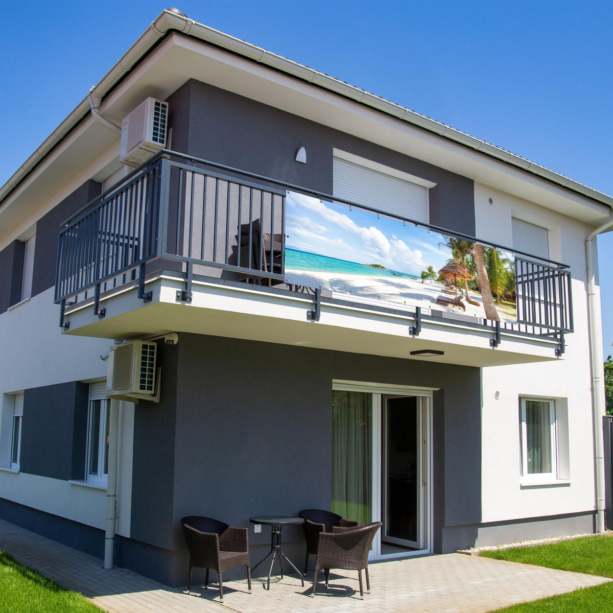 BALKON-SICHTSCHUTZ Strand - Meer - Palmen 300x100 cm - Hellblau, Kunststoff (300/100cm) - MuchoWow