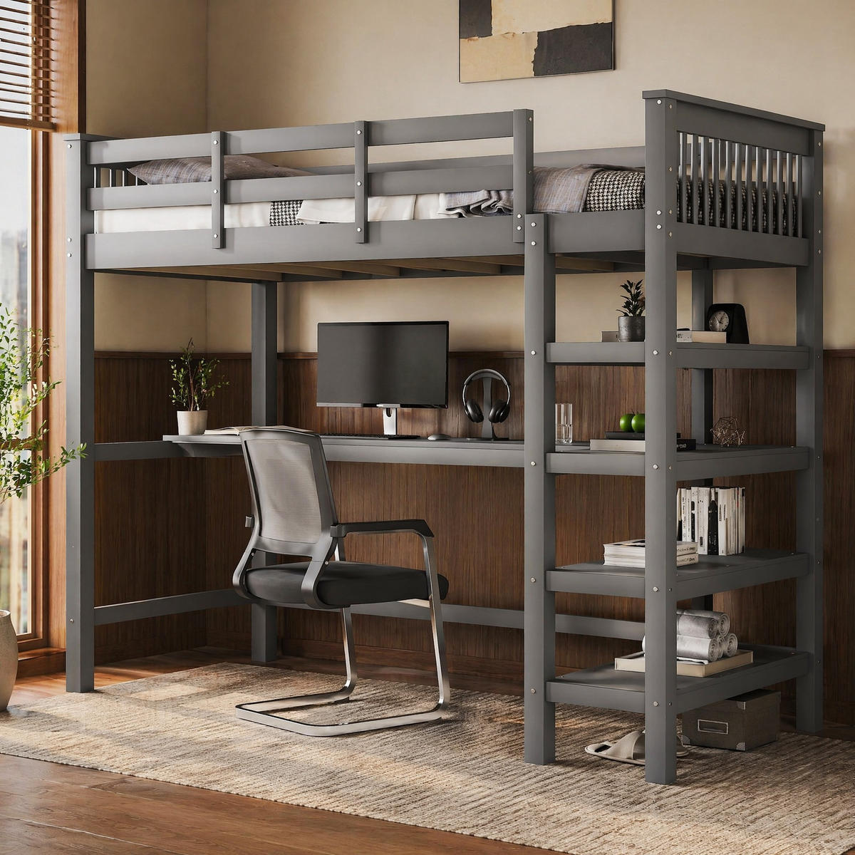 HOCHBETT 90/200 mit Schreibtisch, Ablagefächern und Geländer in Grau - Grau, Holz (90/200cm) - EVRYAE