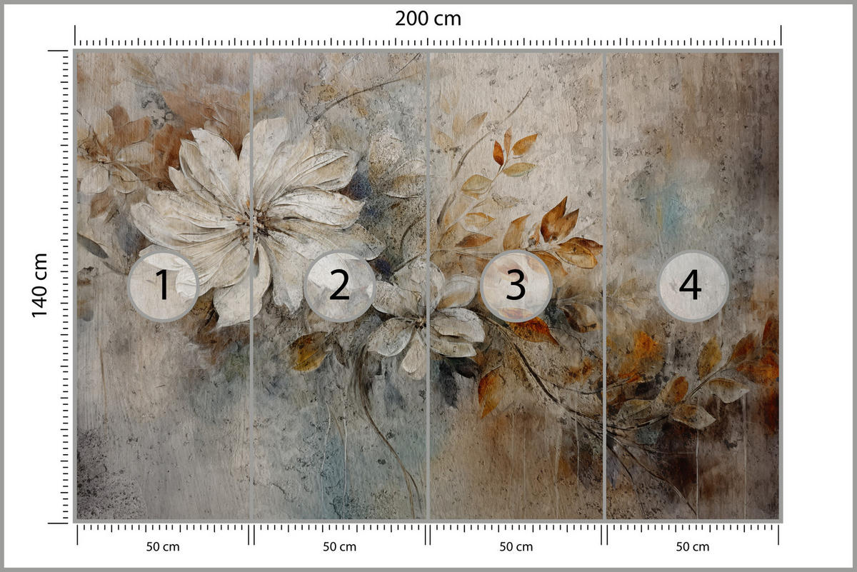 FOTOTAPETA do Obývacího Pokoje Retro Květiny Listy Beton Abstrakce Rostliny 200x140 - různobarevná, papír (200/140cm) - Muralo