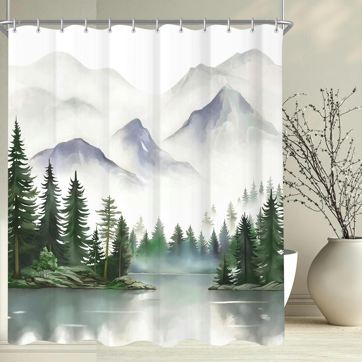 DUSCHVORHANG Berge 180 x 200 cm Wasserabweisend Waschbar Polyester Stoff mit 12 Ringen - Multicolor, Textil (180/200cm)