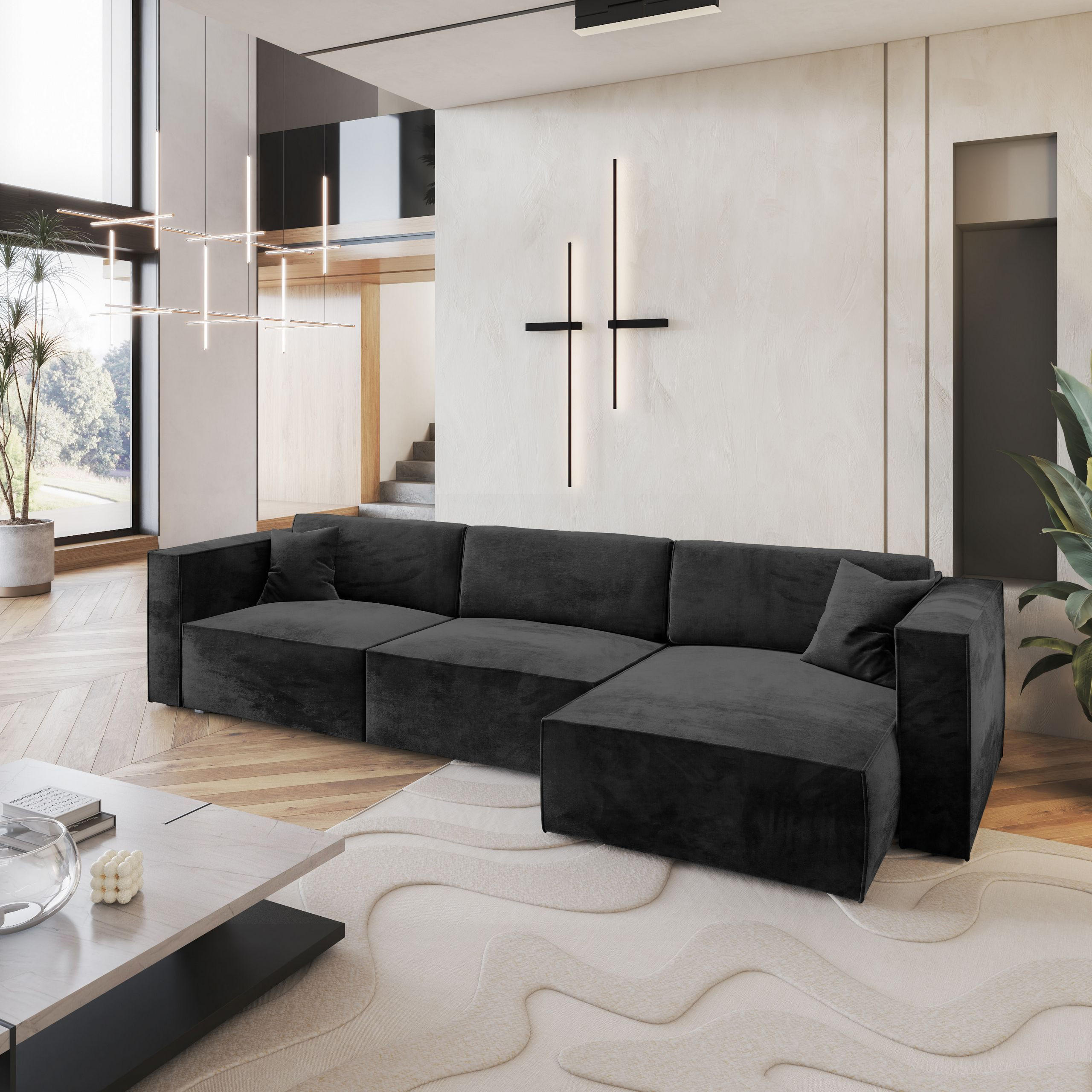 ECKSOFA TOLMO M Schwarz Velours-Stoff mit Schlaffunktion - Schwarz, Holz (347/148cm) - MASSENO