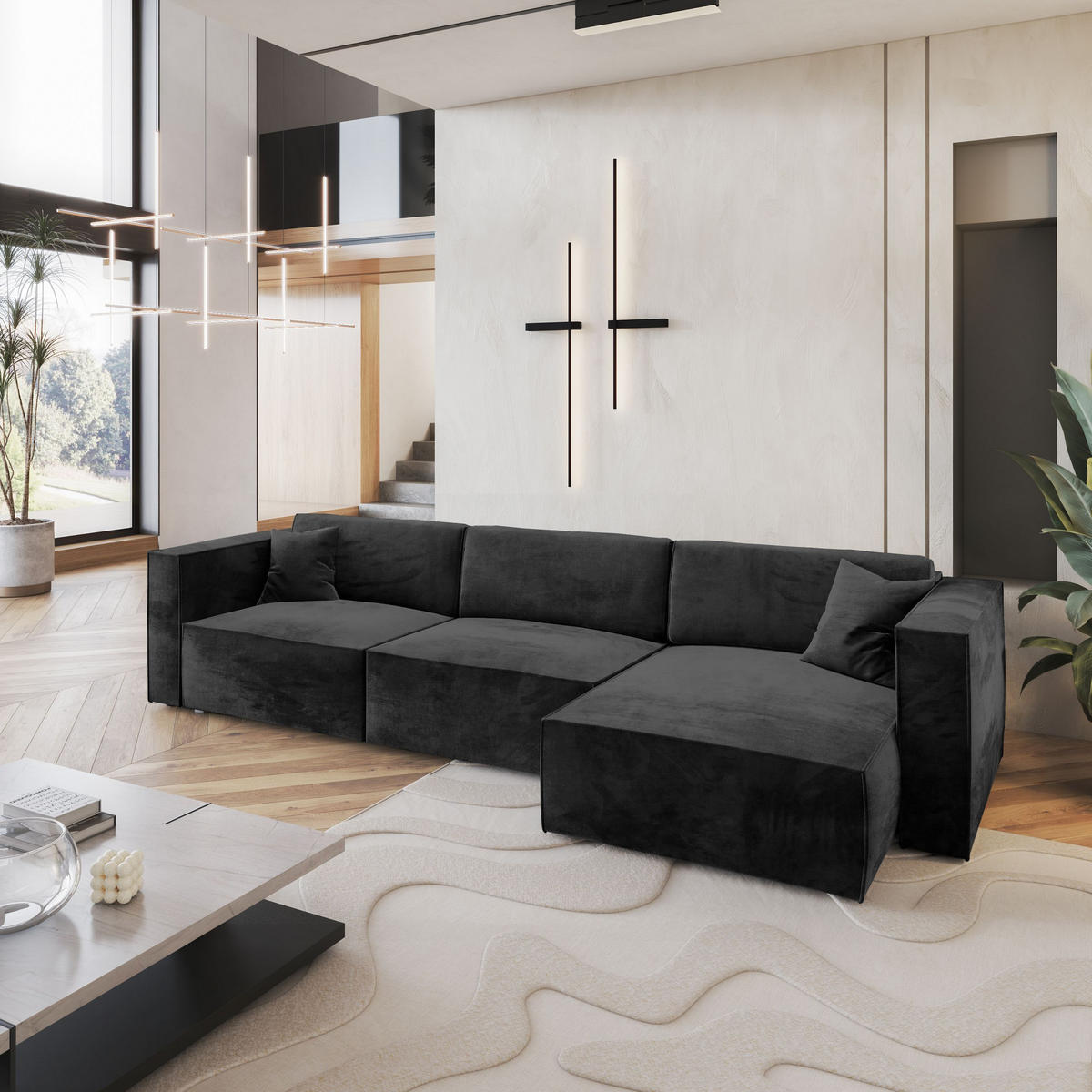 ECKSOFA TOLMO M Schwarz Velours-Stoff mit Schlaffunktion - Schwarz, Holz (347/148cm) - MASSENO