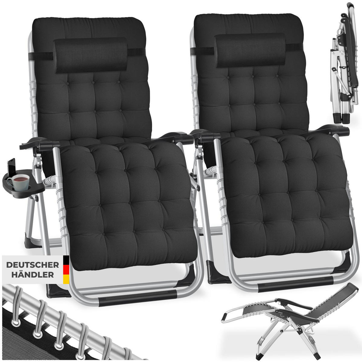 SONNENLIEGE 2er Set Cloud, 84 x 168 x 82,5 cm, mit Ablagetisch, schwarz - Schwarz, Kunststoff (84/103/113cm) - tectake