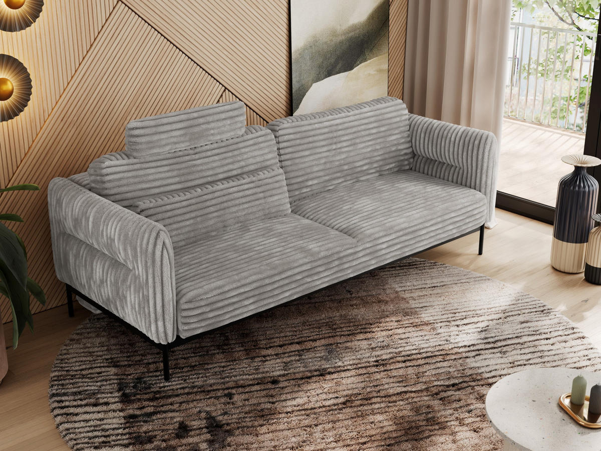 SOFA SALENTO Hellgrau Cord - Hellgrau/Schwarz, Textil/Metall (221/82/101cm) - MKS