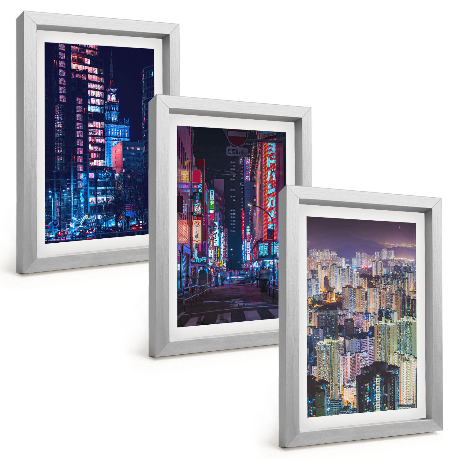 BILDER SET 3er Set - 20x30 cm Silberner Rahmen - Neonlichter der nächtlichen Stadt - Silberfarben, Kunststoff (20/30cm) - TULUP