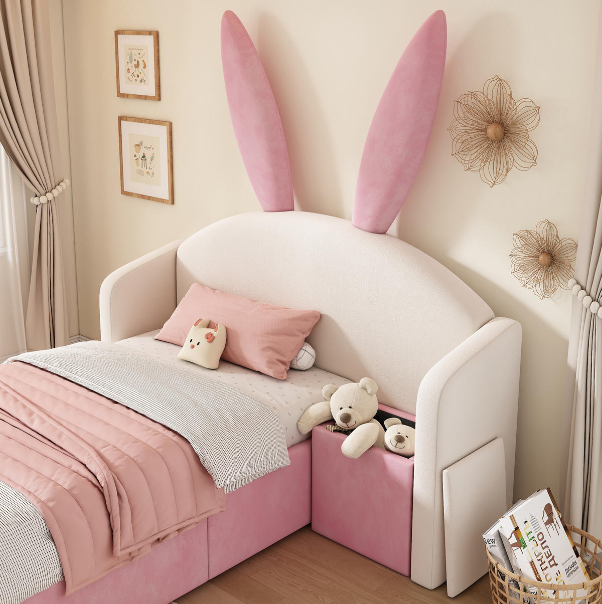 POLSTERBETT 90/190 cm in Beige-Rosa mit Hasenohren und Stauraum - Beige, Textil (90/190cm) - Flora Grace