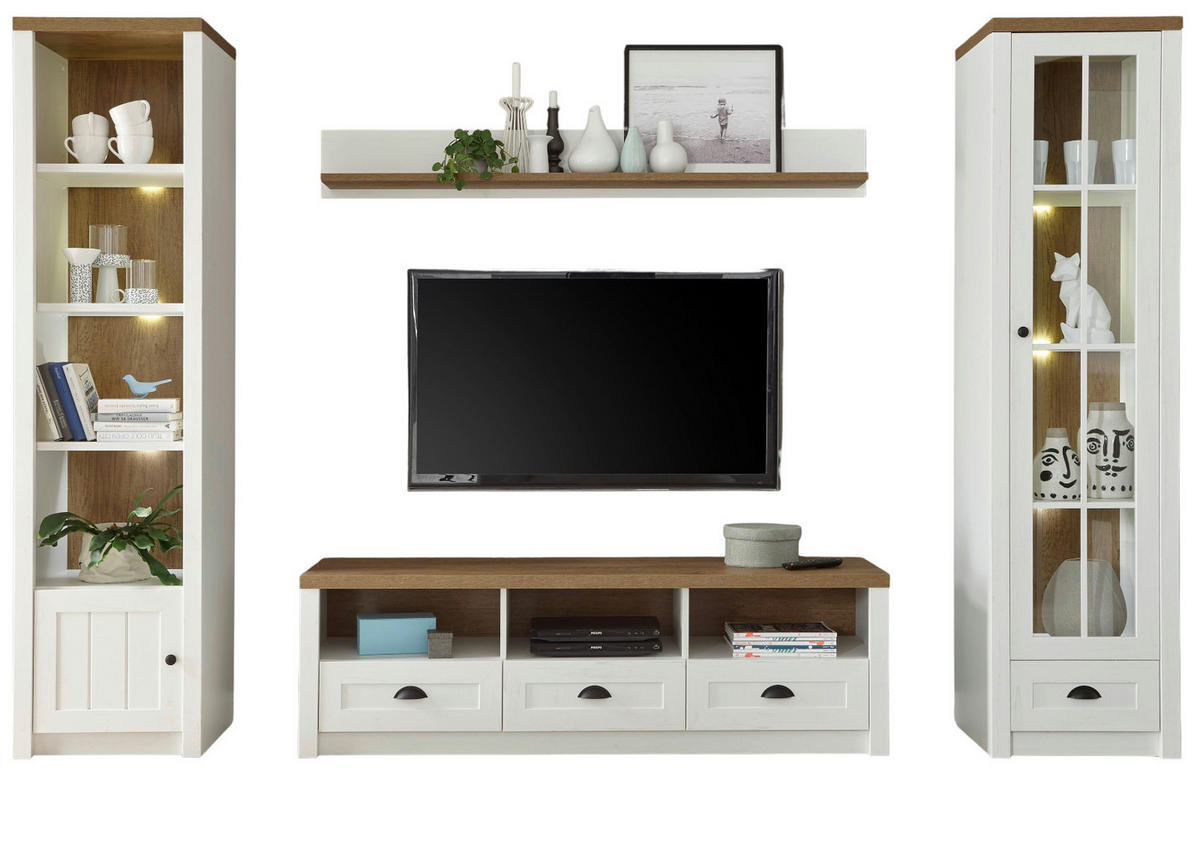 WOHNWAND weiß Pinie, Eiche hell Landhaus, Wohnkombination 4-teilig 300 x 198 cm - Eichefarben/Schwarz, Holzwerkstoff/Metall (300/198/43cm) - Furn.Design