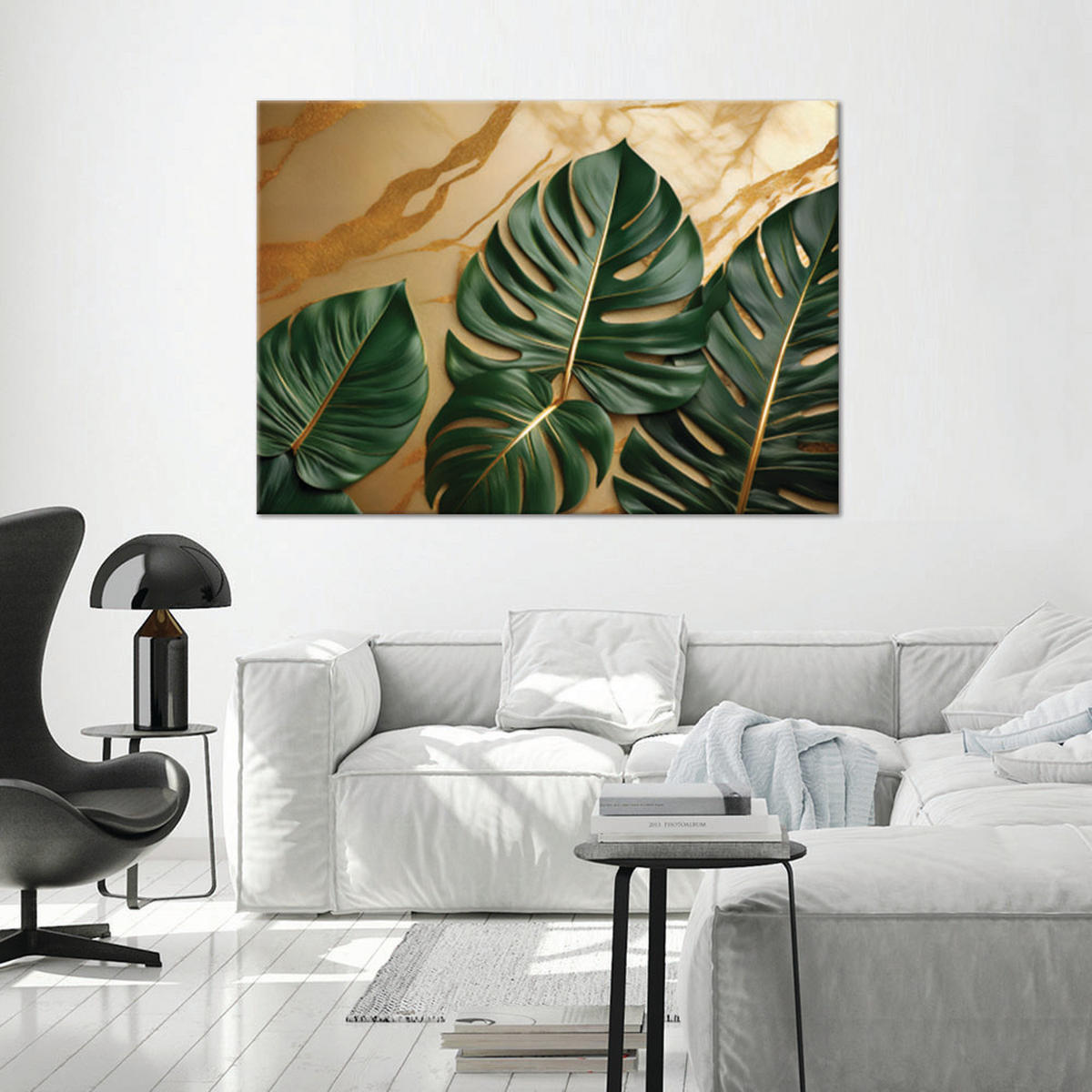 WANDBILD grüne blätter auf einem marmor hintergrund - Beige, Textil (60/40cm) - Feeby