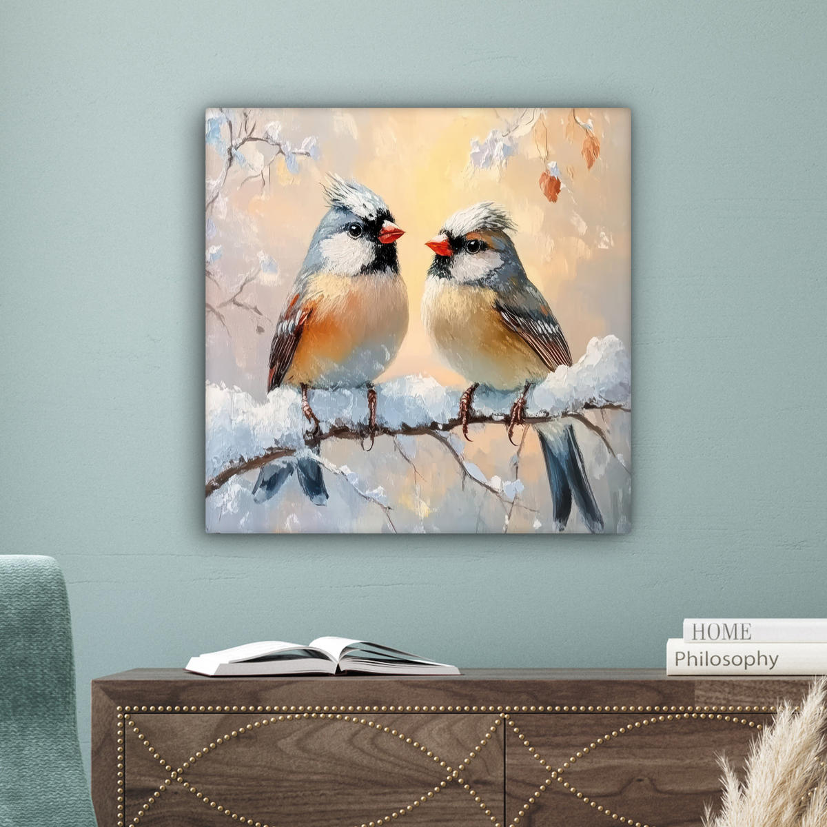 LEINWANDBILD Vögel - Zweig - Winter - Schnee 50x50 cm - Pastellblau, Textil (50/50cm) - MuchoWow