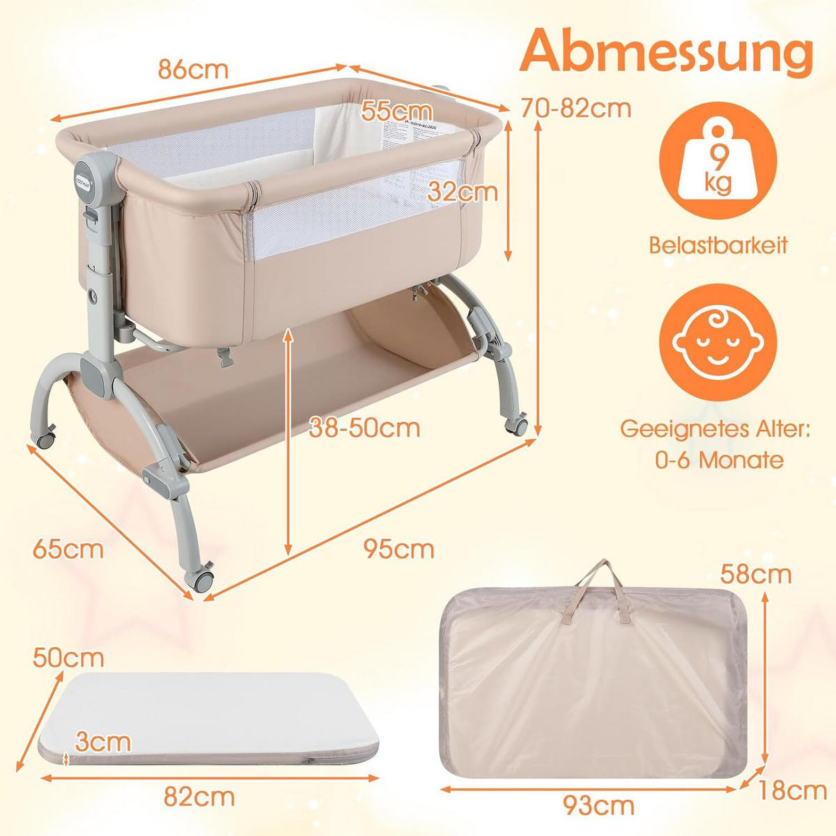 BABYWIEGE mit Matratze beige - Beige, Textil - COSTWAY