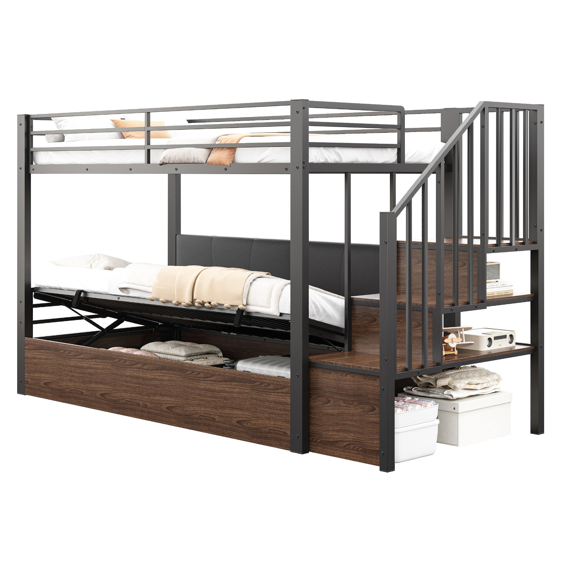 HOCHBETT 90/200 cm mit hydraulischem Bettkasten, PU-Rückenlehne und Stauraumtreppe, Schwarz - Schwarz, Kunststoff (90/200cm) - Redom