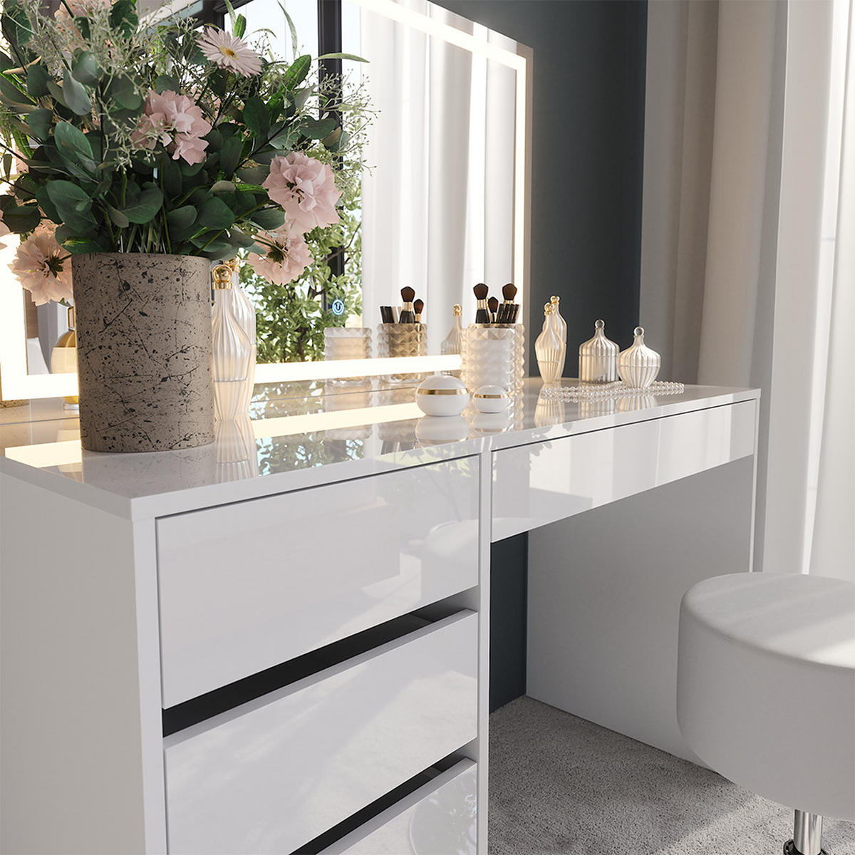 SCHMINKTISCH Sherry Weiß/Weiß Hochglanz 119.8 cm mit LED-Spiegel und Hocker - Weiß Hochglanz, Holzwerkstoff (119.8/76/50.1cm) - Vicco