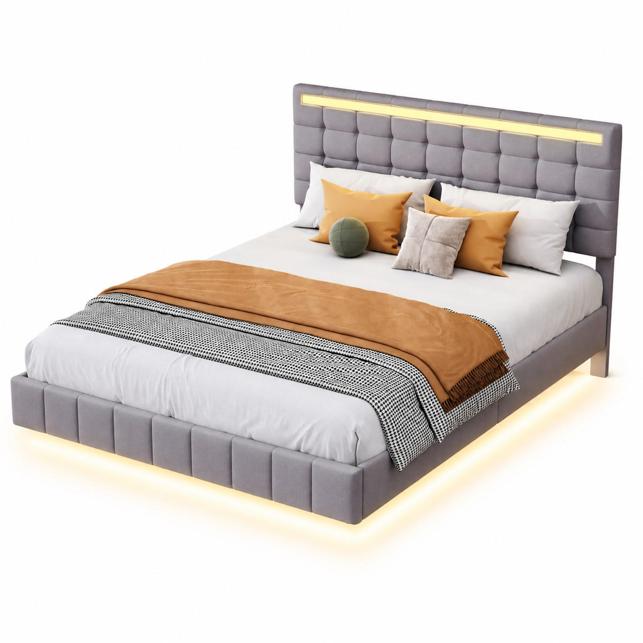 POLSTERBETT 160/200 cm mit LED, Bettgestell mit USB-C Anschluss, Doppelbett mit Polsterkopfteil und Lattenrost, grau - Grau, Holz/Metall (160/200cm) - Joyfair