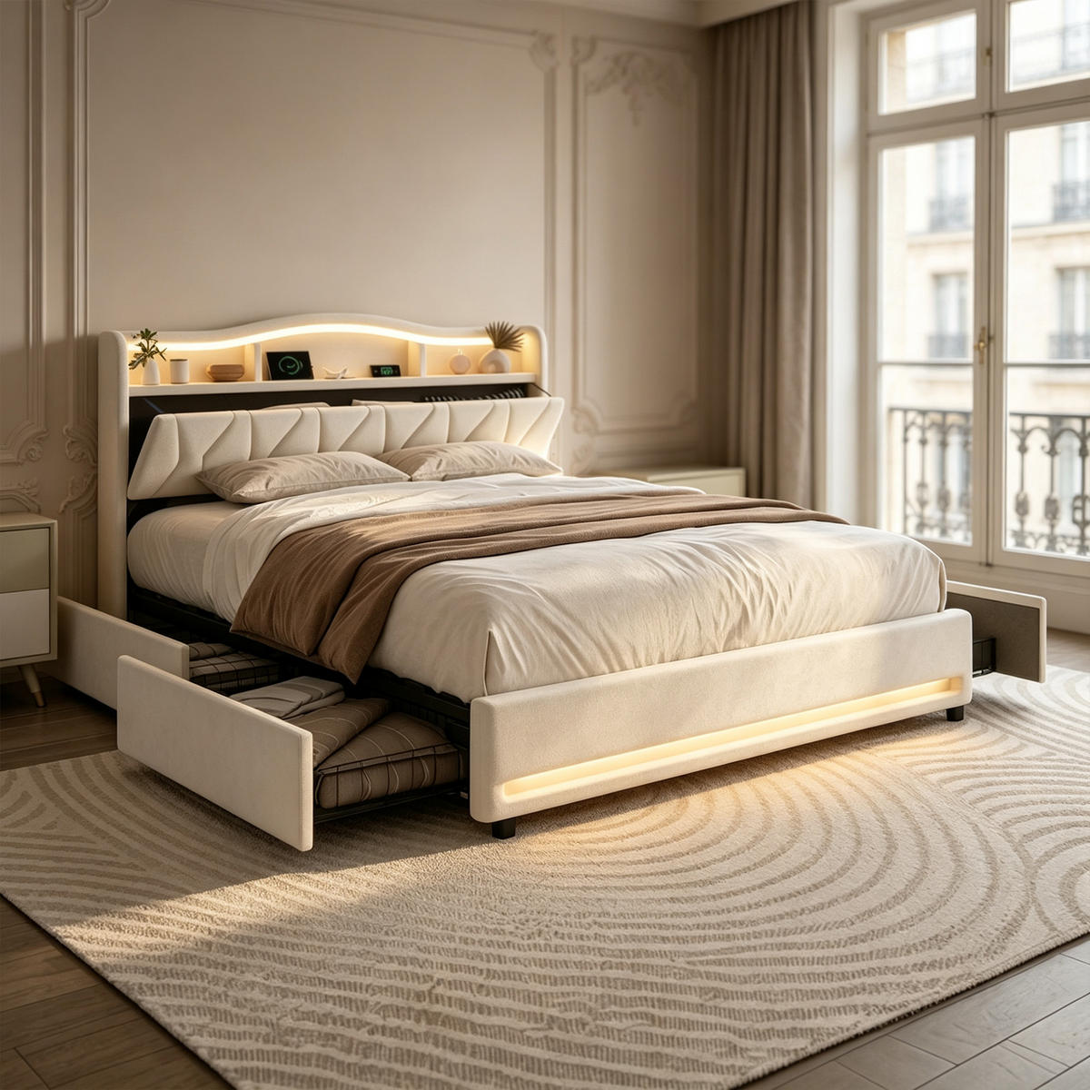 POLSTERBETT 160x200 mit stauraum, doppelbett mit LED, 4 Schubladen, Lattenrost, USB, Kopfteil, Samtstoff, Beige - Beige, Holz/Textil (160/200cm) - GENKI LIVING