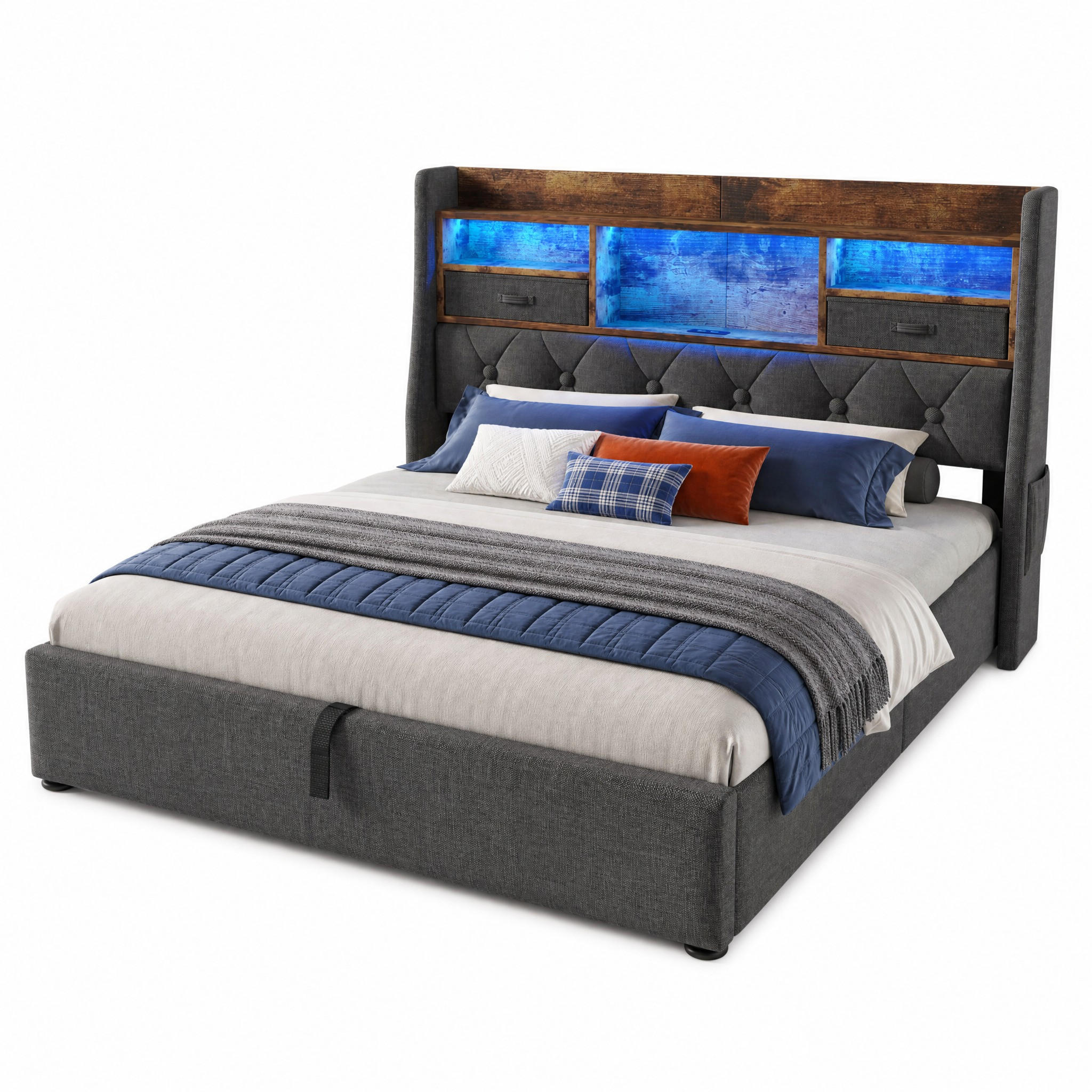 POLSTERBETT 140/200 cm in Grau Leinen mit Bettkasten, LED und USB - Grau, Holzwerkstoff/Textil (140/200cm) - STILVORA