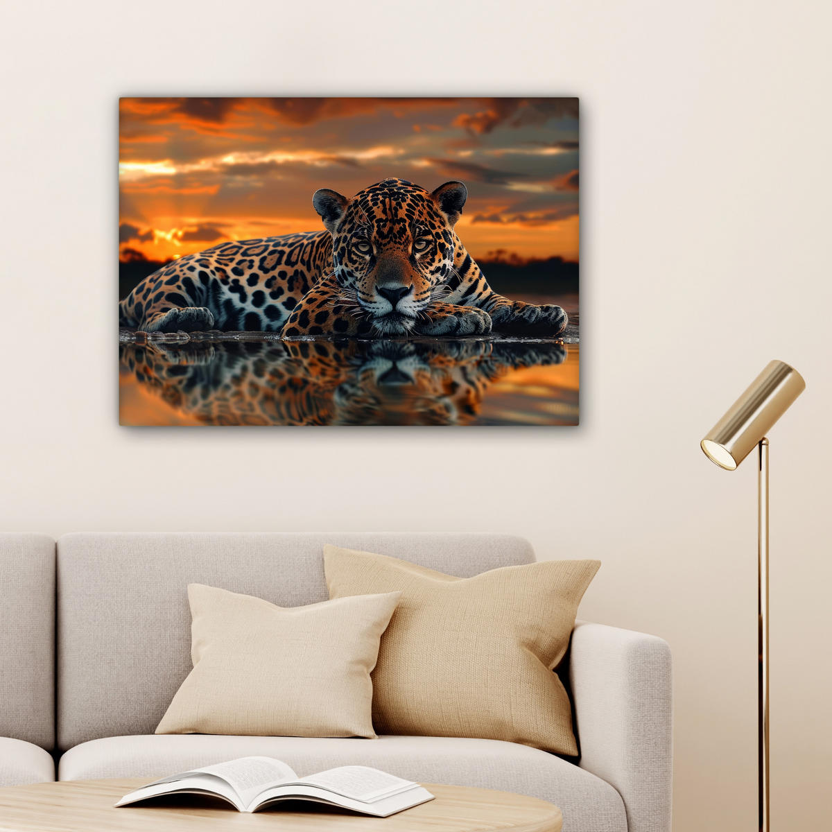 LEINWANDBILD Natur - Leopard - Tier - Sonnenuntergang - Modern Wandbilder 80x60 cm - Orange, Textil (80/60cm) - MuchoWow