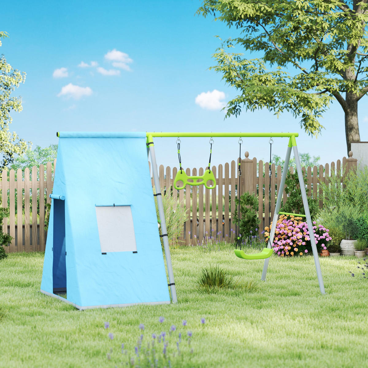 3 in 1 Schaukelgestell Schaukelgerüst mit Spielzelt, Schaukel und Turnringe - Grün, Metall (180/283cm) - AIYAPLAY