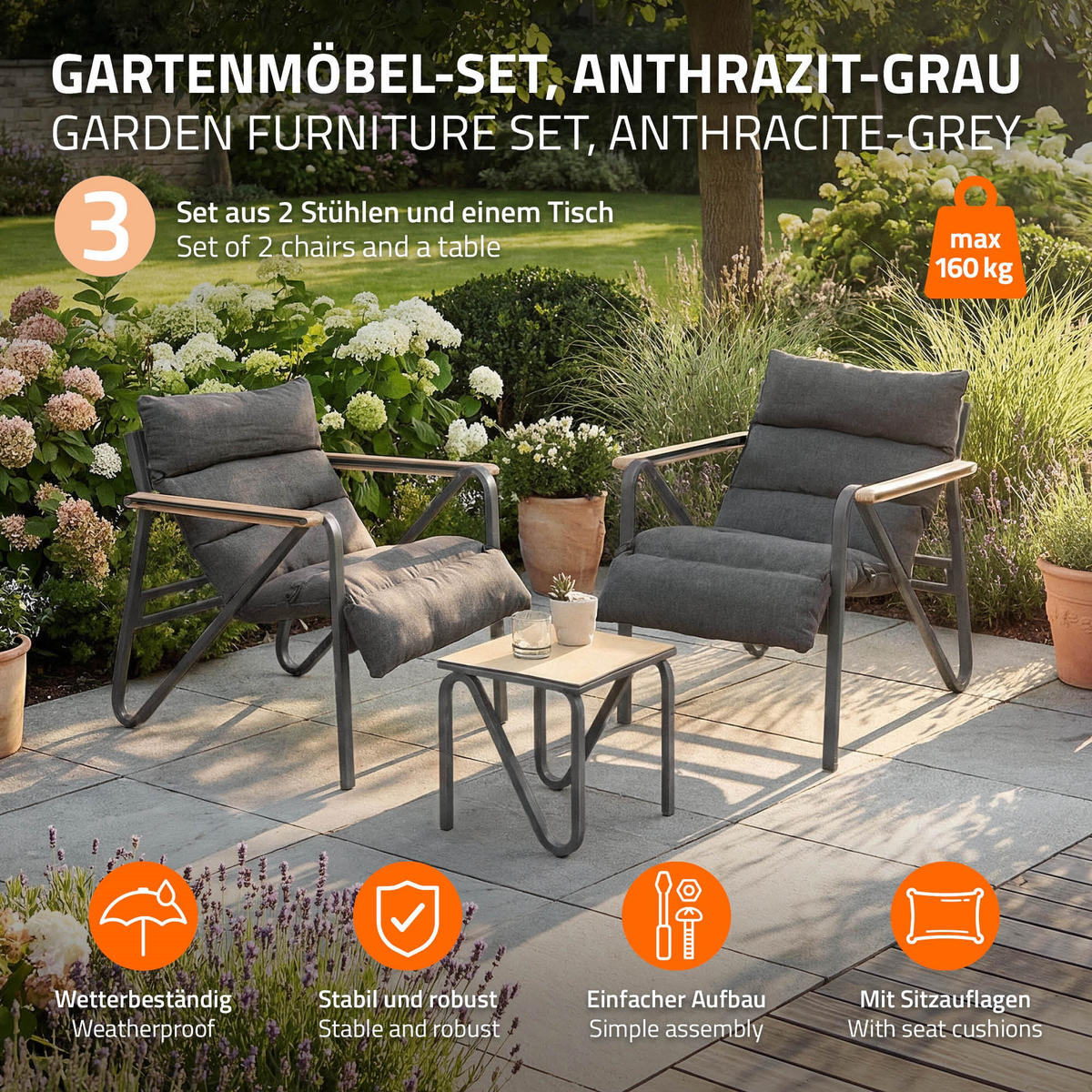ZAHRADNÍ nábytek, 3dílná sada, antracitově šedá s ocelovým rámem - antracitová/hnědá, kov/textil - ML-DESIGN