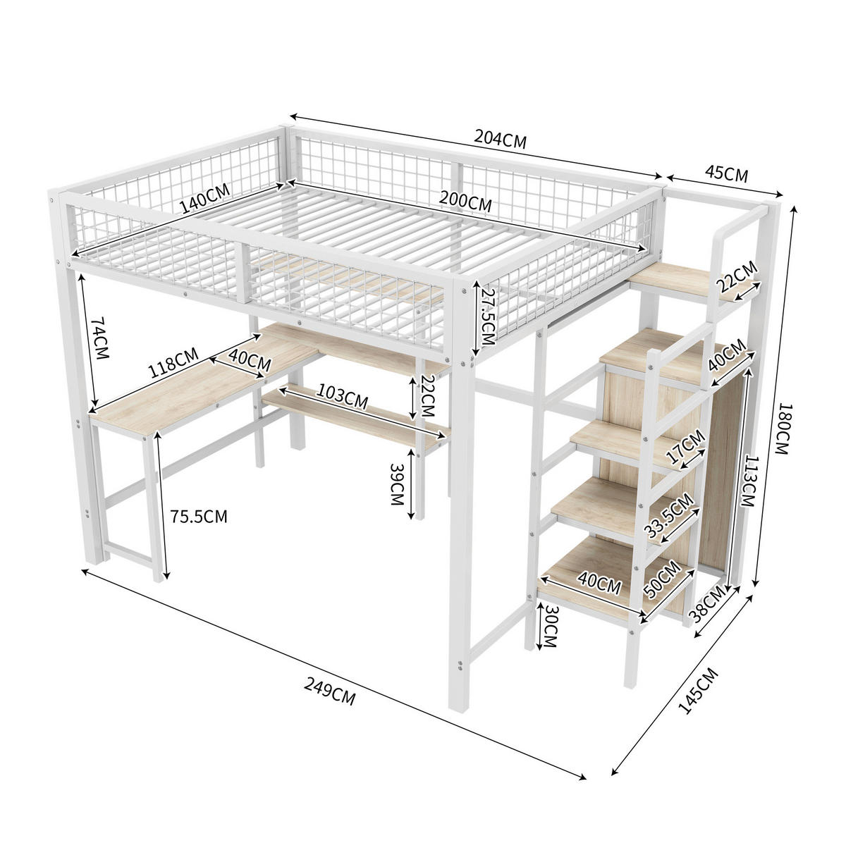 HOCHBETT 140/200 cm Weiß mit Schreibtisch, Regalen und Kleiderschrank - Weiß, Metall (140/200cm) - MIVRAY
