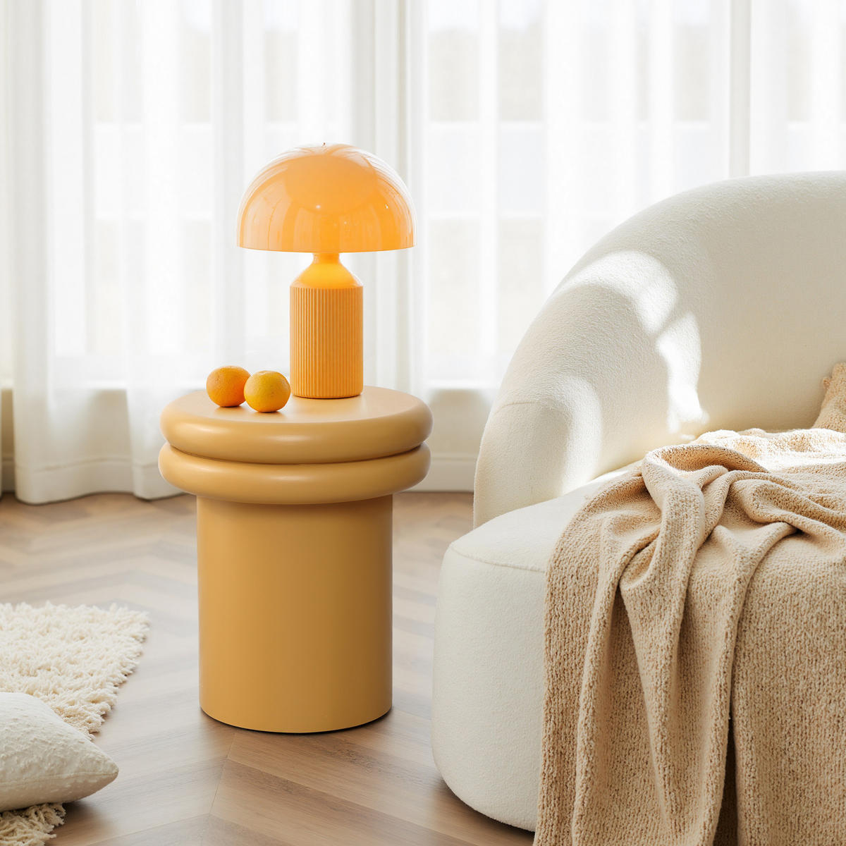 BEISTELLTISCH Rund, Orange & Holz mit Doppelplatte | Ø35 x H40 cm - Orange, Holzwerkstoff (35/35/40cm) - Hometopia