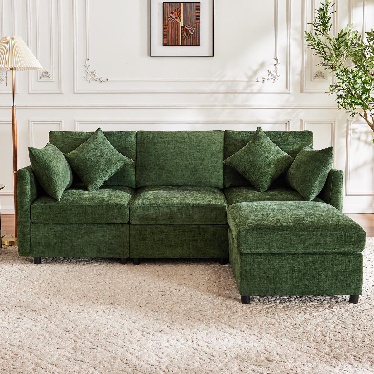 SOFA aus Chenille 216x161x81 cm mit modularem Hocker, grün - Grün, Textil (161/216cm) - Luhomfu