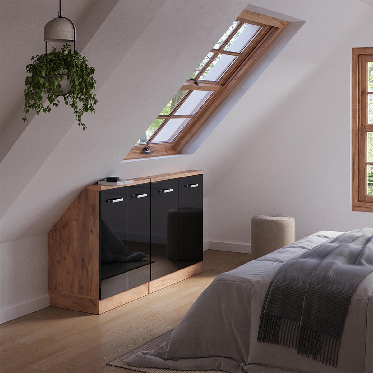 KUCHYŇSKÁ SKŘÍŇKA POD ŠIKMOU STŘECHU R-Line Černý/zlatý dub s vysokým leskem - medově dubová/černá, kompozitní dřevo (140/81.6/46cm) - Vicco