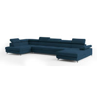 WOHNLANDSCHAFT MONTIVA Blau Velours-Stoff mit Schlaffunktion - Blau, Holz (410/89/190cm) - MASSENO