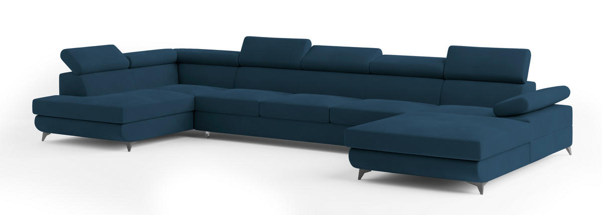 WOHNLANDSCHAFT MONTIVA Blau Velours-Stoff mit Schlaffunktion - Blau, Holz (410/89/190cm) - MASSENO