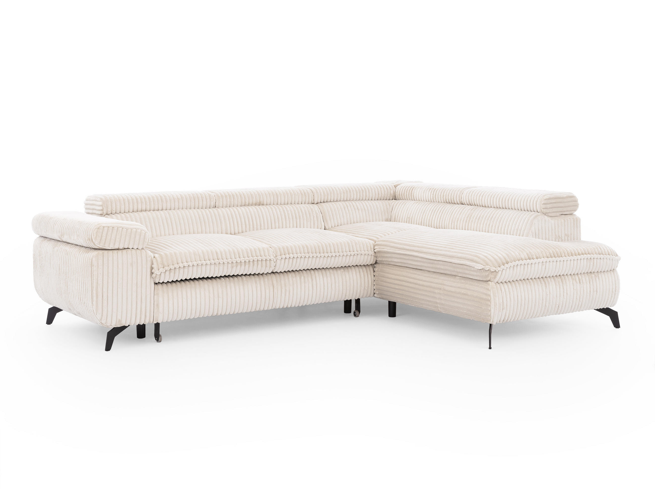 ECKSOFA mit Schlaffunktion und Bettkasten Bonnie aus Creme Cord-Stoff mit verstellbaren Kopfstützen und Armlehne - Ottomane rechts - Creme/Schwarz, Holz/Textil (275/210cm) - S-Style Möbel
