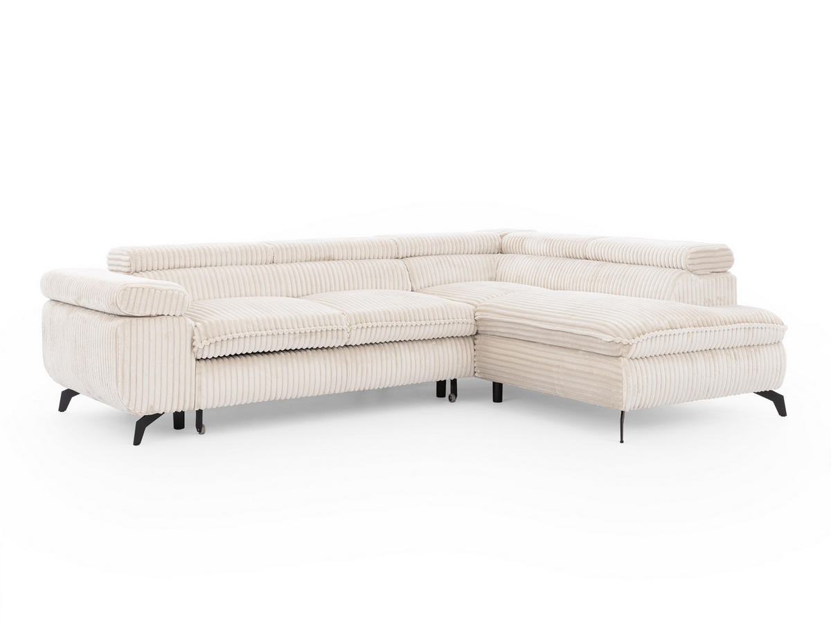 ECKSOFA mit Schlaffunktion und Bettkasten Bonnie aus Creme Cord-Stoff mit verstellbaren Kopfstützen und Armlehne - Ottomane rechts - Creme/Schwarz, Holz/Textil (275/210cm) - S-Style Möbel