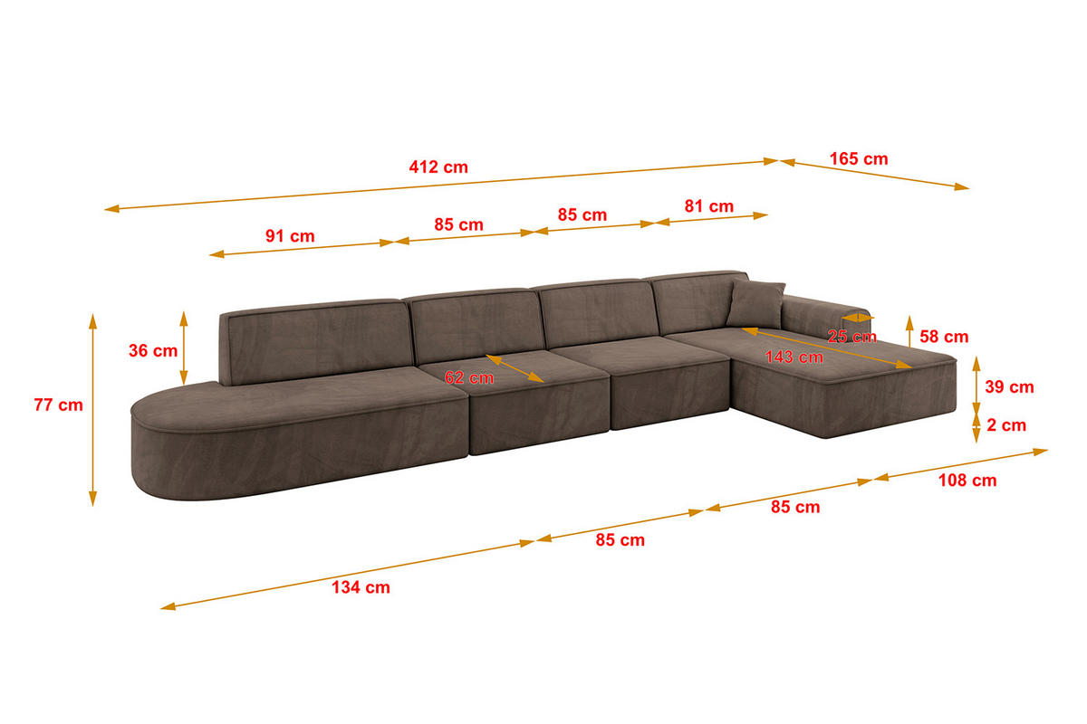 ECKSOFA Ottomane Rechts IREA-L3-v3 - 412x165x77 cm Braun - Braun, Holzwerkstoff/Textil (412/165cm) - ALTDECOR