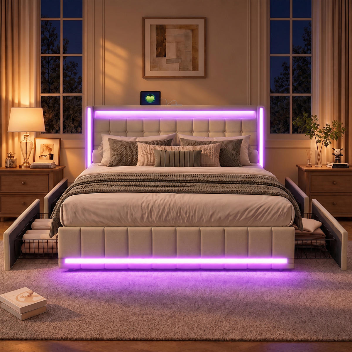 POLSTERBETT 140x200 cm,Doppelbett 140x200 mit 4 Schubladen, LED und Ladefunktion - Beige/Naturfarben, Holz/Textil (140/200cm) - PARAFTA HOME