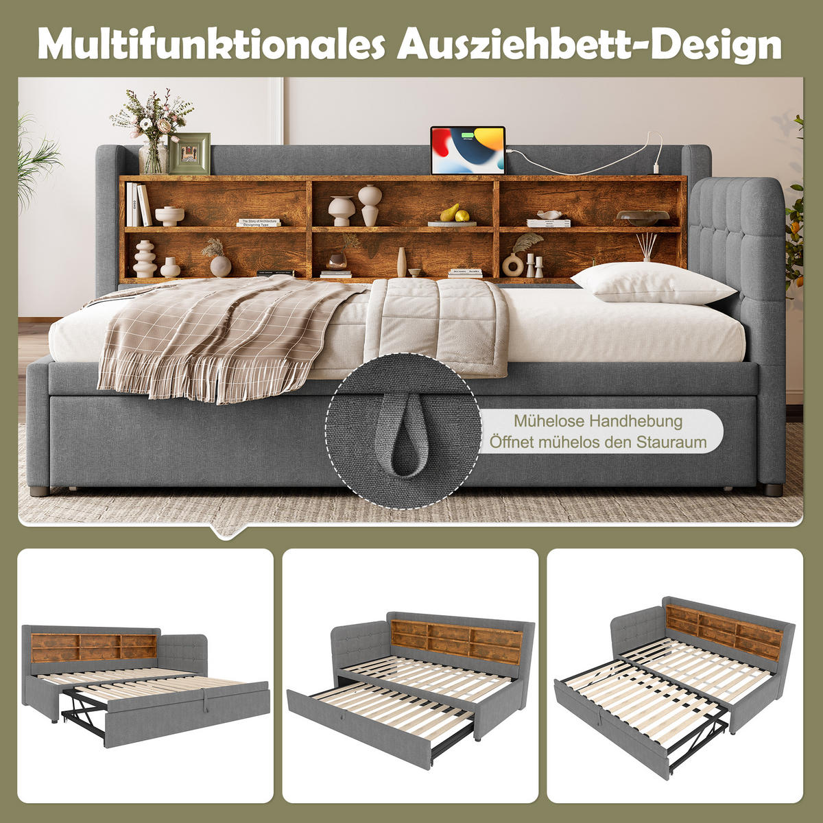 DAYBETT 90/200 cm Grau multifunktionales Ausziehbett mit USB- und Type-C-Anschlüssen aus Leinen - Grau, Textil (90/200cm) - OKWISH