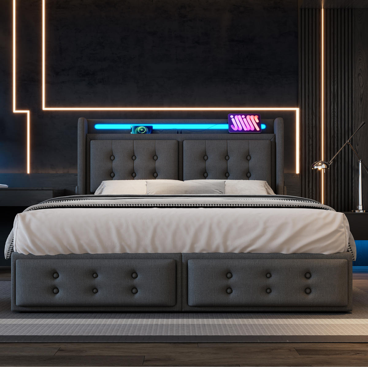 POLSTERBETT 180/200 cm mit LED, USB/Type-C, 4 Schubladen & Stoff-Kopfteil,Grau - Grau, Textil (180/200cm) - Redom