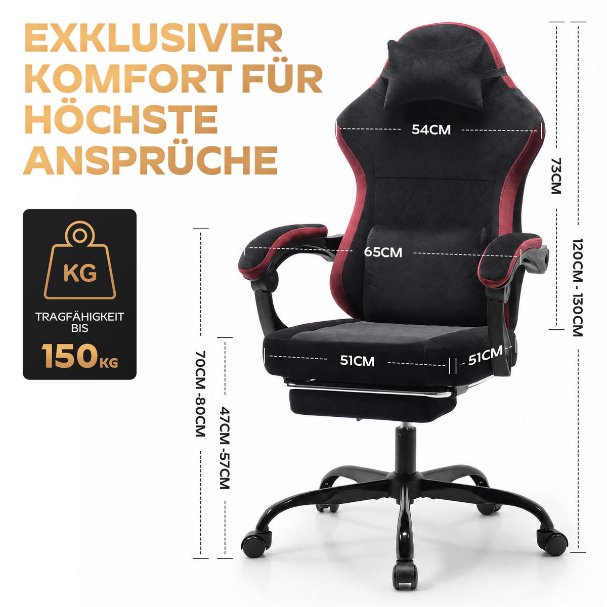 GAMINGSTUHL DE-40995 mit Nackenkissen und Rückenkissen Schwarz\Rot - Rot, Metall (58.5/120.5/63cm) - ComfortXL