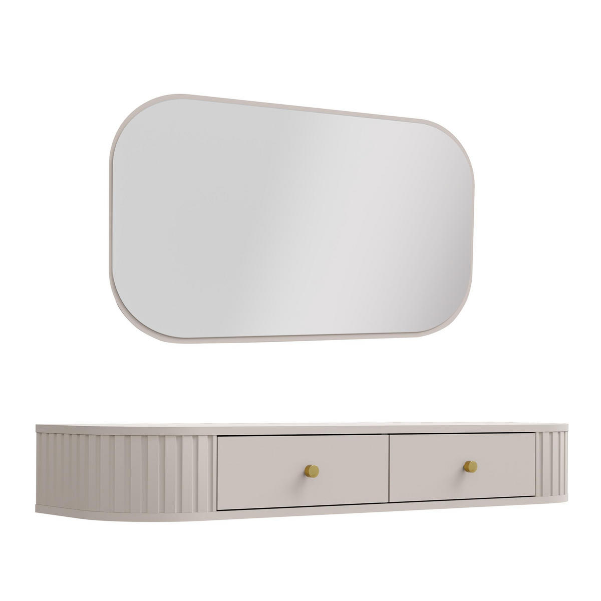 KONSOLENTISCH Halay Beige 2 Schubladen mit runden Kanten + Rechteckiger Spiegel - Beige/Goldfarben, Holzwerkstoff/Metall (36/123/17.5cm) - AX Living