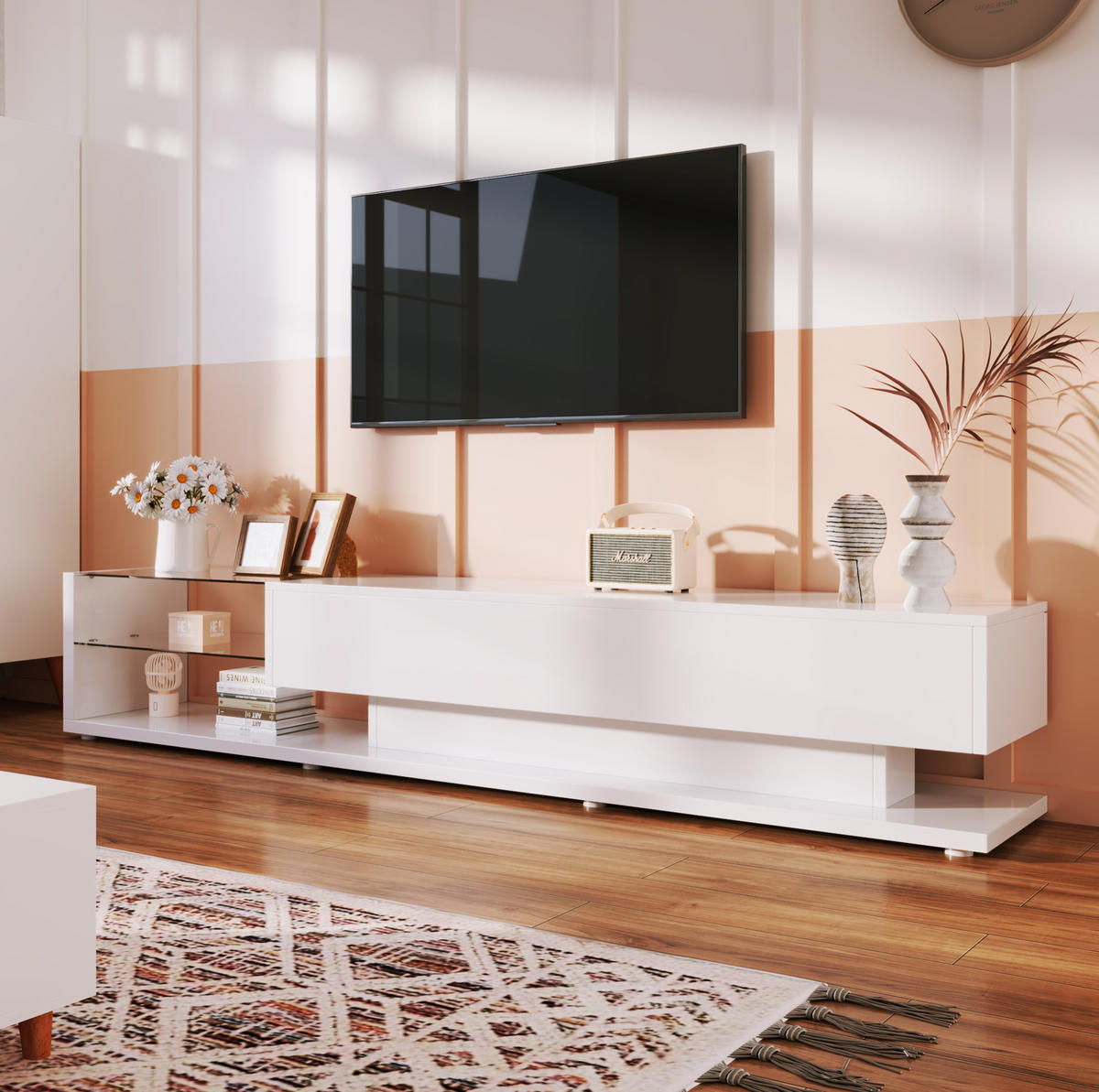 TV-SCHRANK 170/36/38 cm hochglänzend Weiß mit variablem LED-Beleuchtung und 2 Schubladen - Weiß, Holzwerkstoff (170/38/36cm) - OKWISH