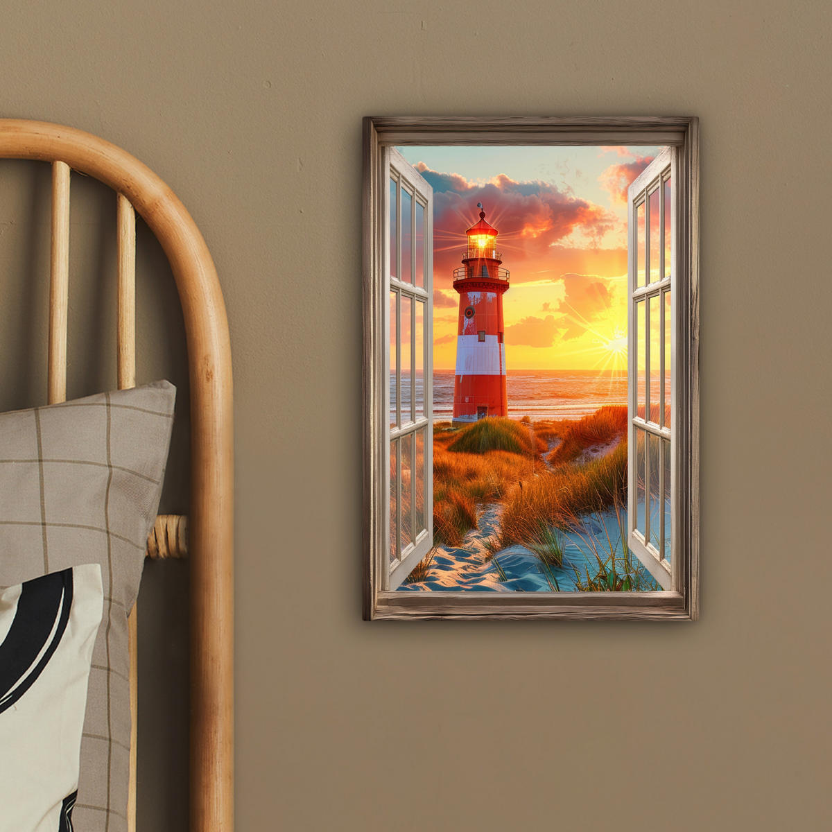 LEINWANDBILD Aussicht - Fenster - Leuchtturm - Sonnenuntergang - Strand 20x30 cm - Dunkelorange, Textil (20/30cm) - MuchoWow