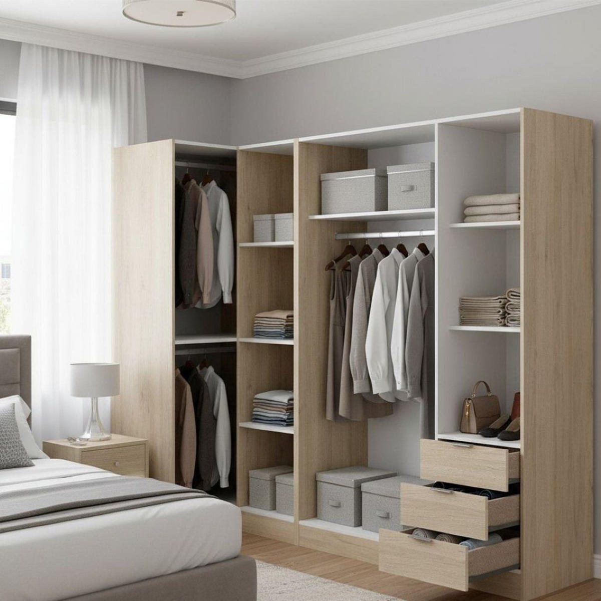 ECKKLEIDERSCHRANK Holz-Effekt Eiche 90.5x213.5h184 - Braun, Holzwerkstoff (214/184/91cm) - DMORA