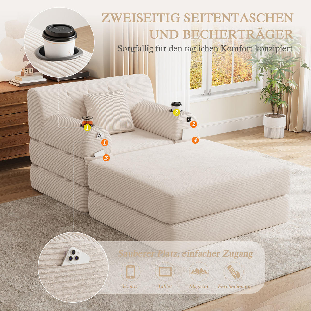 SCHLAFSOFA mit Hocker und Liegefunktion aus Cord mit Getränkehaltern und Seitentaschen in Beige - Beige, Textil (191/60/162cm) - EVRYAE