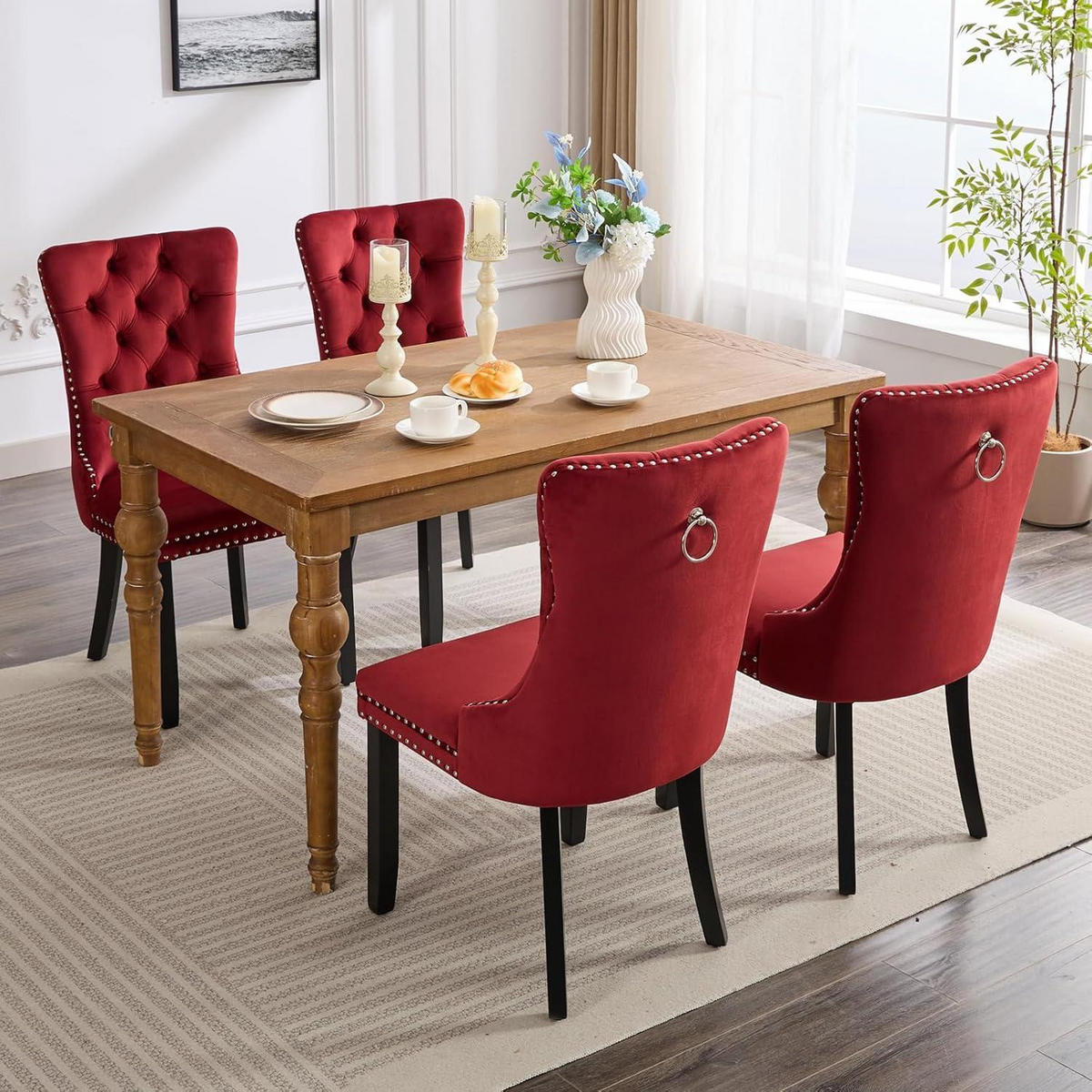 ESSZIMMERSTÜHLE 4er-Set Samt Burgunderrot mit Massivholzbeinen - Bordeaux, Textil (50/95.2/62cm)