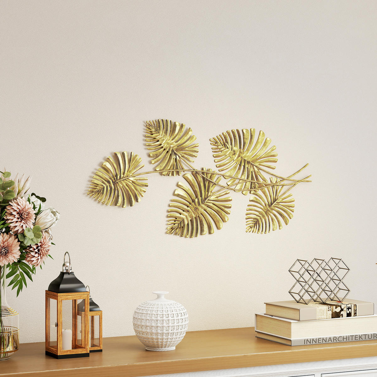 WANDDEKO Wandbild Monstera-Wanddekoration Metallbild für Schlafzimmer - Goldfarben, Metall (2.5/39/83cm) - HOMCOM