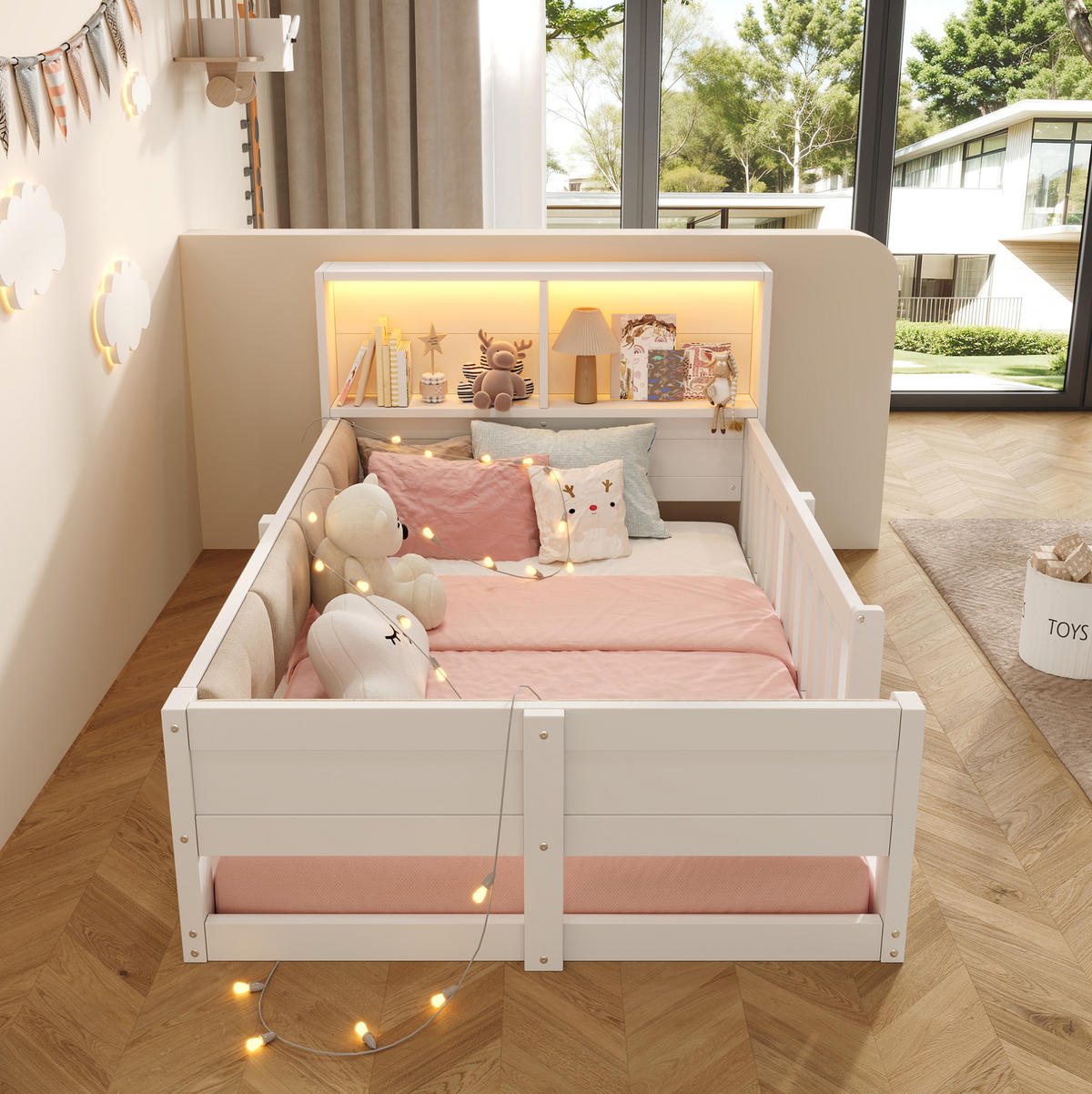 KINDERBETT Holzwerkstoff 90x200 cm Weiß/Natur mit Gitter, LED und Stauraum - Weiß, Holzwerkstoff (90/200cm) - Modfu