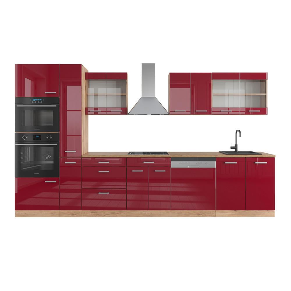 KÜCHENZEILE R-Line Bordeaux Hochglanz/Goldkraft Eiche 350 cm ohne AP - Bordeaux/Eiche Wotan, Holzwerkstoff (350/81.6/46cm) - Vicco