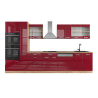 KÜCHENZEILE R-Line Rot Hochglanz/Goldkraft Eiche 350 cm mit Hochschrank, ohne Arbeitsplatte - Rot/Eiche Wotan, Holzwerkstoff (350/81.6/46cm) - Vicco