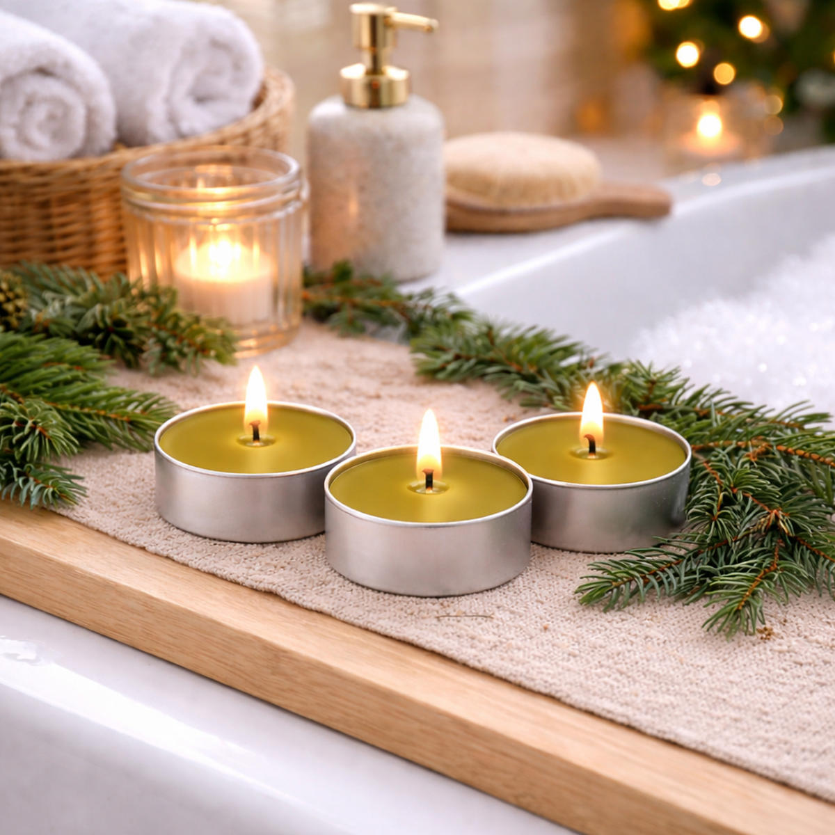 TEELICHT mit Duft - Pinie - 54er Pack - Olivgrün, Naturmaterialien (4/1.5/4cm) - HS Candle