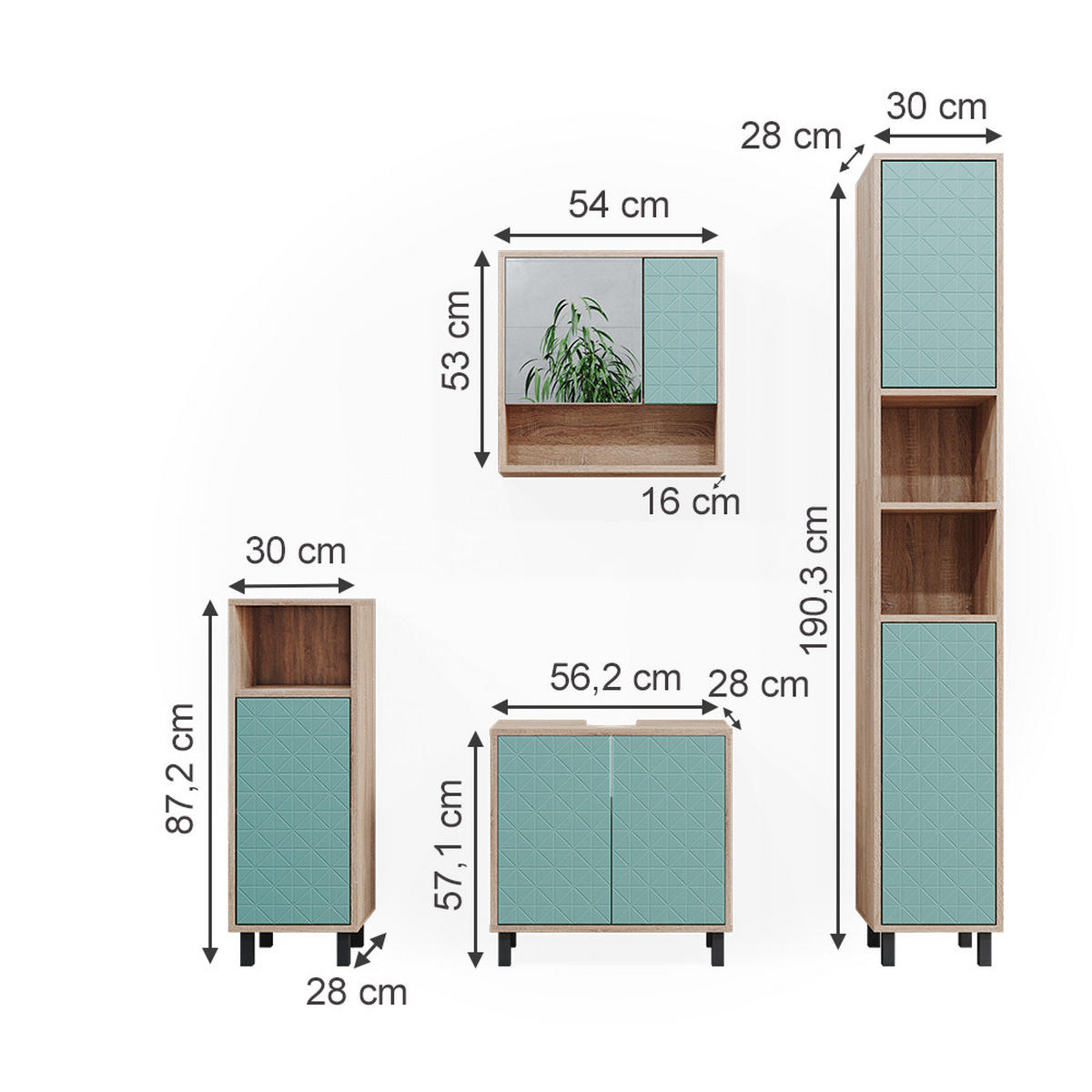 BADMÖBEL-SET Agasta Mintgrün 4 Teile, mit Hochschrank und Kommode - Mintgrün/Sonoma Eiche, Holzwerkstoff (56/57/28cm) - Vicco