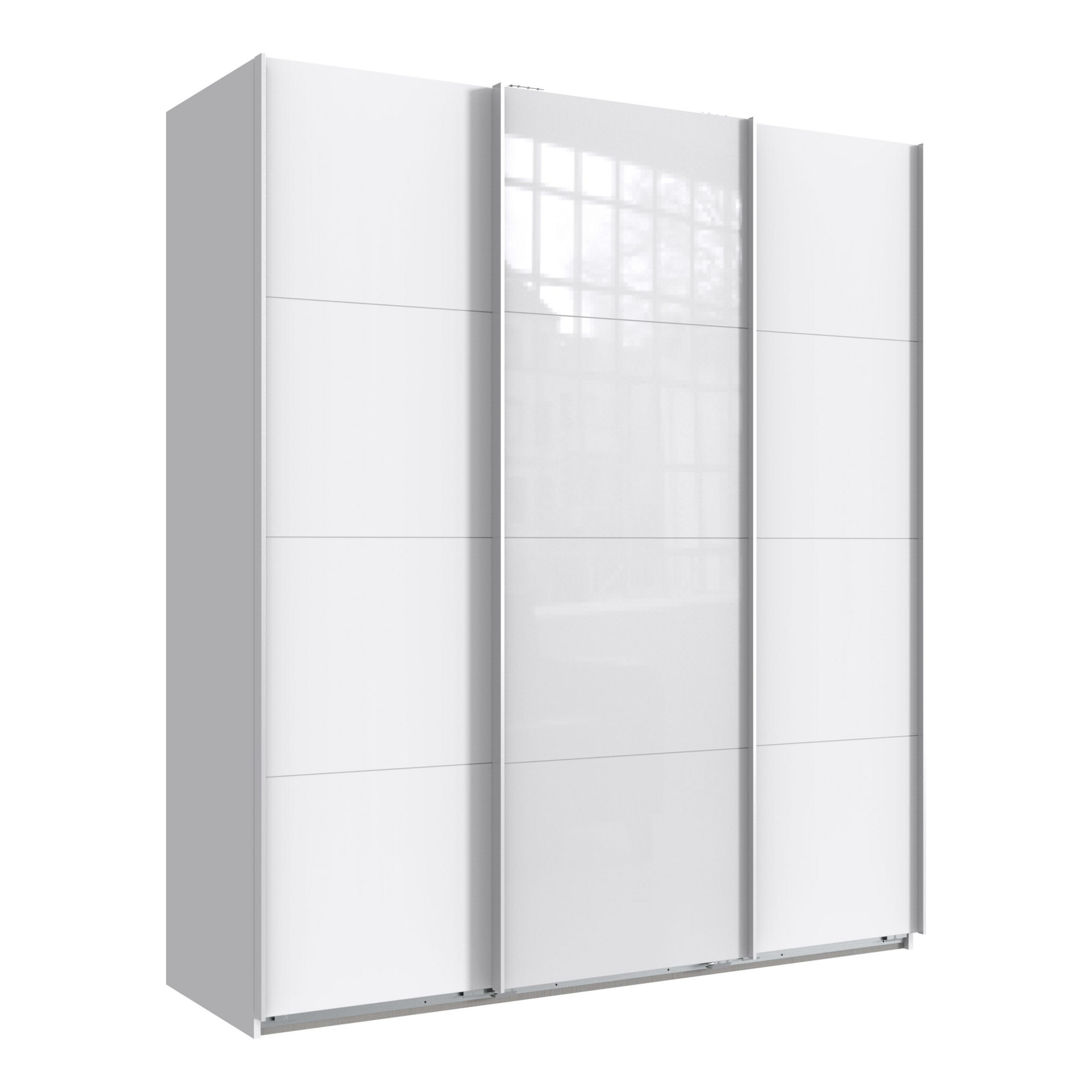SCHWEBETÜRENSCHRANK 3-türig in Weiß, eine Tür mit Glasfront Weiß, B180/H208/T64 cm / 22514 - Weiß Hochglanz/Weiß, Holzwerkstoff/Metall (180/208/64cm) - luma-home