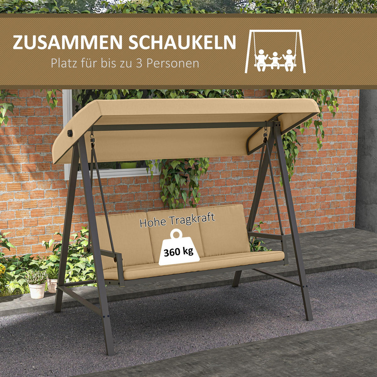 HOLLYWOODSCHAUKEL, 3-Sitzer, Beige, 200 x 125 x 175 cm - Beige, Kunststoff (125/175/200cm) - Outsunny